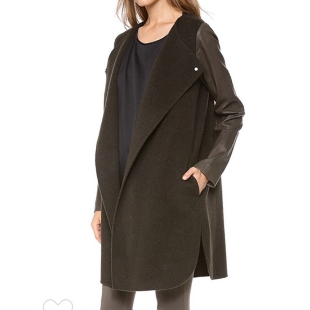 EUC - Gorgeous and flattering VINCE Black Wool Coat with Leather Sleeves